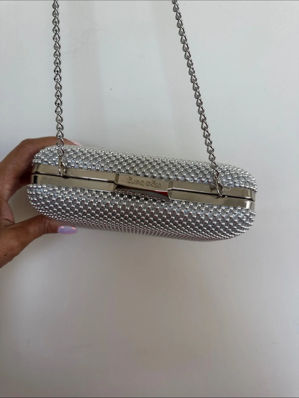 Olga Berg Silver Rhinestone Mesh Evening Clutch with Chain